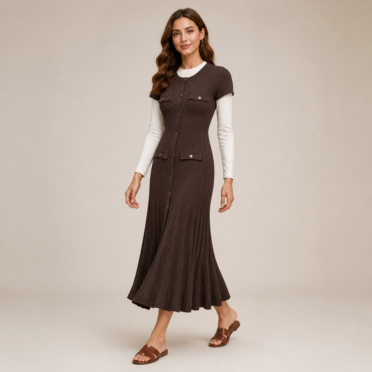 Robe longue chocolat plissée boutonnée Tsniout — vue 3 — Maille plissée fluide