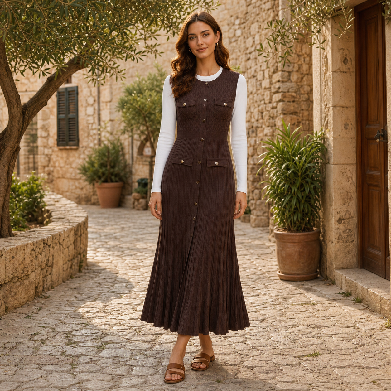 Robe longue chocolat plissée boutonnée Tsniout — vue 6 — Maille plissée fluide