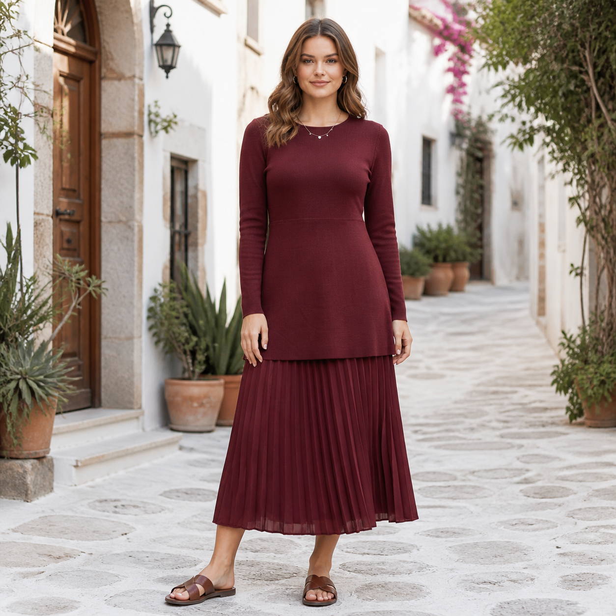 Robe longue bordeaux en maille et jupe plissée Tsniout — vue 6 — Maille souple et tissu plissé