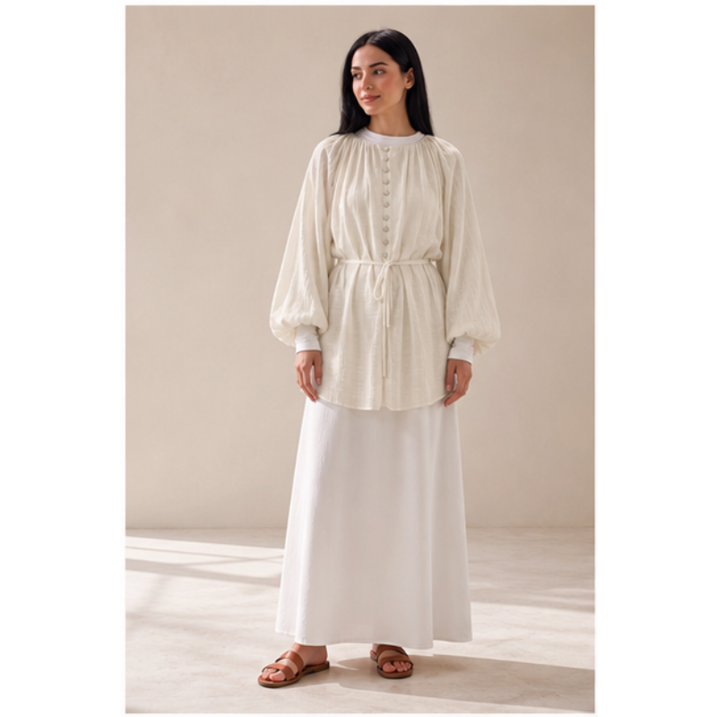 Tunique beige Haut Nour à manches bouffantes Tsniout — Viscose et polyester texturés