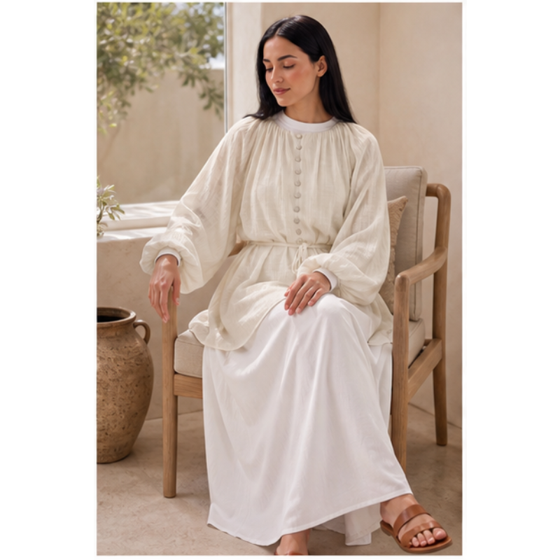 Tunique beige Haut Nour à manches bouffantes Tsniout — vue 5 — Viscose et polyester texturés