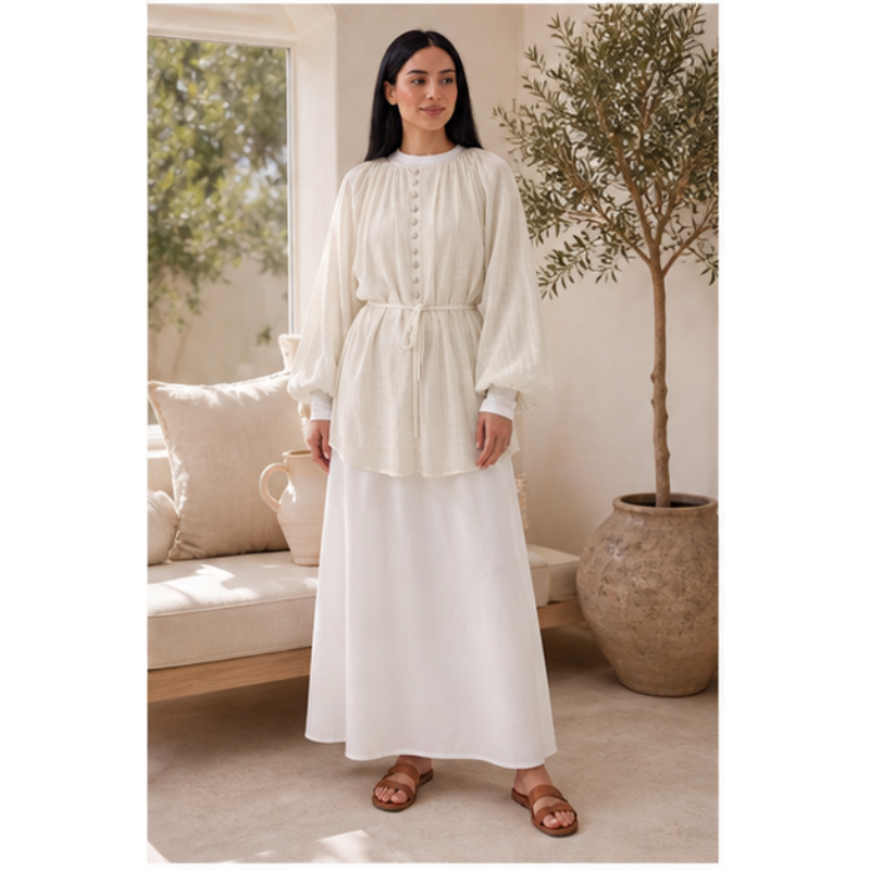 Tunique beige Haut Nour à manches bouffantes Tsniout — vue 6 — Viscose et polyester texturés