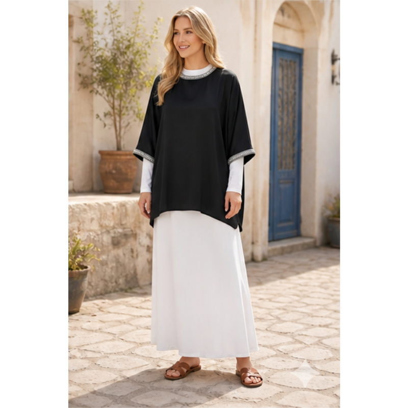 Tunique noire satinée à bordures perlées Tsniout — vue 3 — Tissu satiné fluide