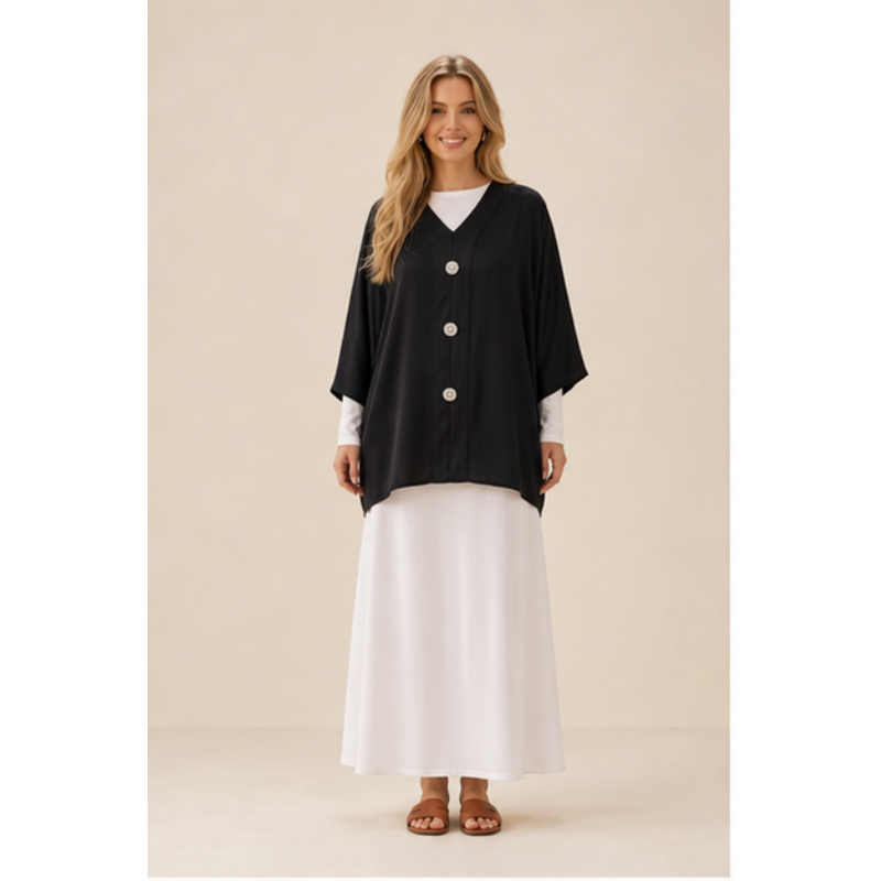 Tunique noire satinée à boutons bijoux Tsniout — Tissu satiné fluide
