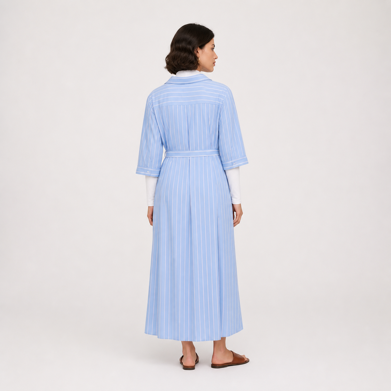 Robe longue bleu ciel rayée ceinturée Tsniout — vue 2 — Tissu fluide rayé